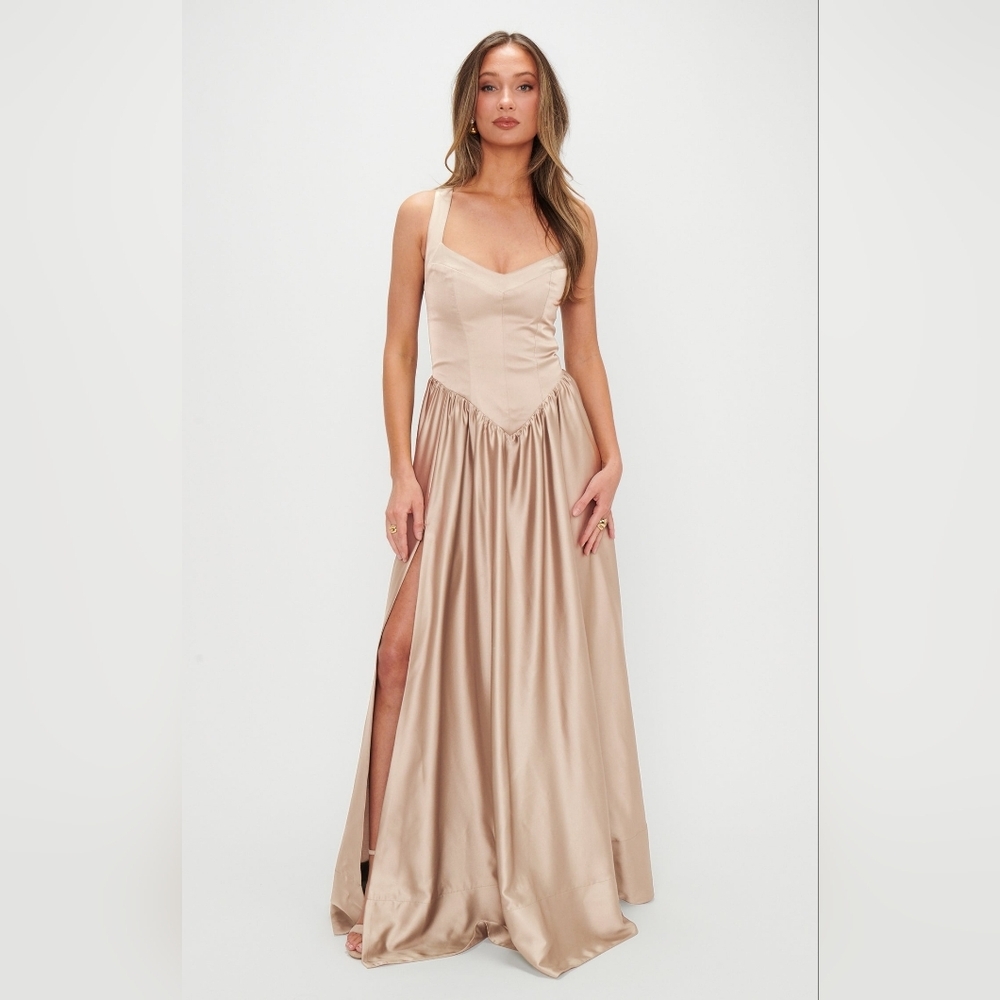 Show Me Your MuMu Abigail Maxi Champagne Luxe Satin Dress L Wedding Party Prom - Picture 2 of 8